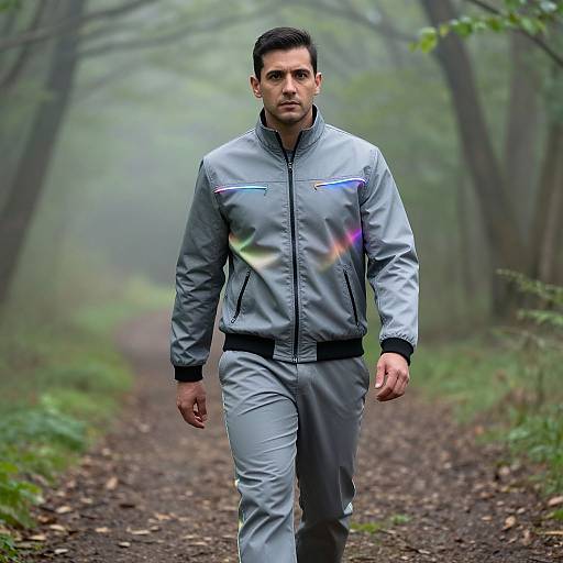 Photograph of a serious, dark-haired man in a gray jacket and pants walking on a misty, forest path with colorful light reflections.