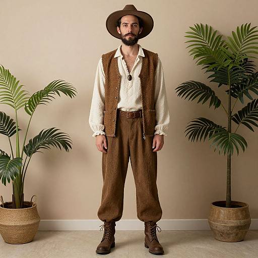 Photograph of bearded man in brown cowboy hat, white shirt, brown vest, pinstriped pants, brown boots, standing between two p