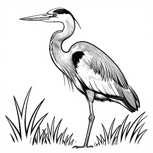Black-and-white drawing of a standing heron with detailed feathers, sharp beak, and slender legs, surrounded by tall grass.