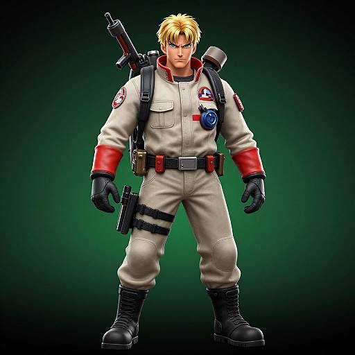 Digital art of a muscular blonde male soldier in white uniform with red sleeves, black gloves, and gear, standing against a green gradient background. Rifle and