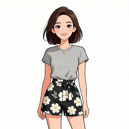 Anime-style digital drawing of a smiling young woman with brown hair, wearing a gray T-shirt, black floral shorts, and a gold necklace.