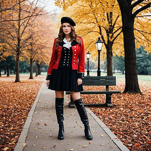 Woman in Red Military-Style Jacket in Autumn Park