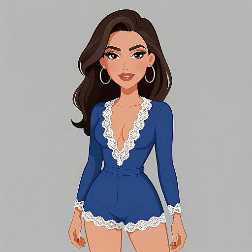 Digital cartoon of a confident woman with long black hair, blue lace-trimmed jumpsuit, large hoop earrings, and red lipstick, standing against a