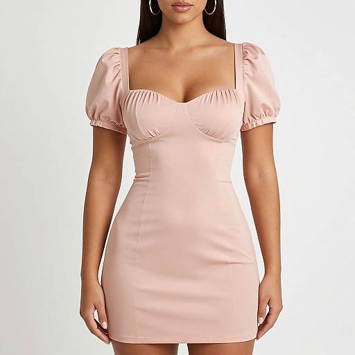 Photograph of a woman with long black hair, wearing a pale pink, short-sleeved, V-neck, form-fitting dress, standing against