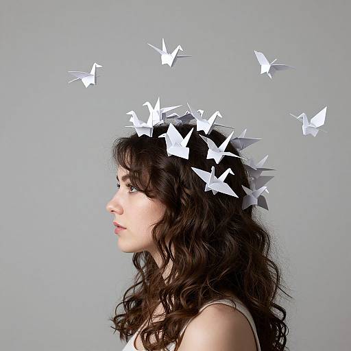 Photograph of a young woman with wavy brown hair, wearing a white top, profile view, with white paper butterflies floating above her head against a