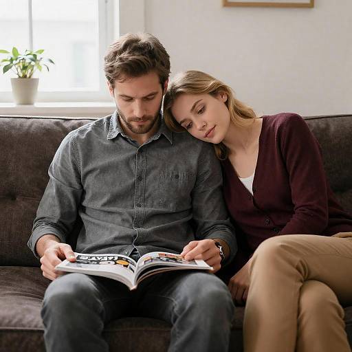 Couple Relaxing on Dark Brown Couch