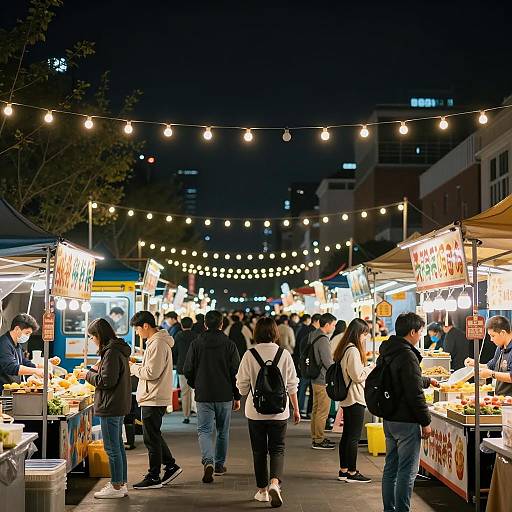 Night Market with Festoon Lights and Crowds