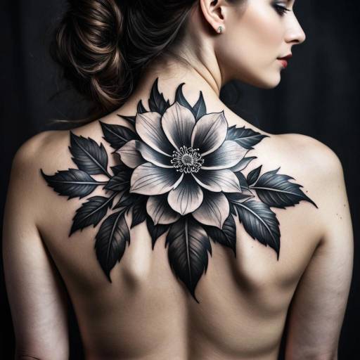 Woman with Large Black and Grey Floral Back Tattoo