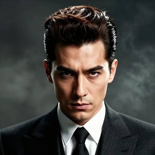 Photograph of a serious young man with dark, slicked-back hair, wearing a black suit, white shirt, and black tie, against a sm