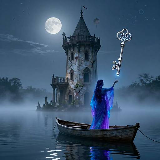 Mystical night scene: silhouetted figure in blue robe holds glowing key, rowing towards moonlit, mist-shrouded, go