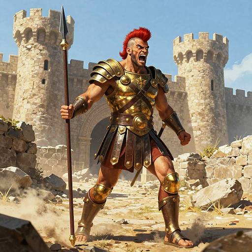 Angry Roman Warrior in Ruined Castle