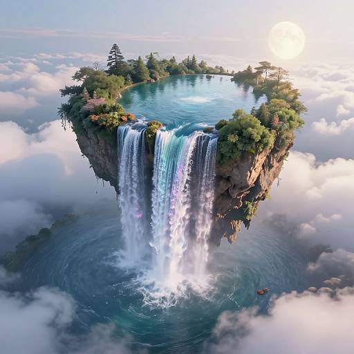 Photorealistic CGI of a floating island with a large waterfall, surrounded by clouds, featuring lush greenery and a serene lake.