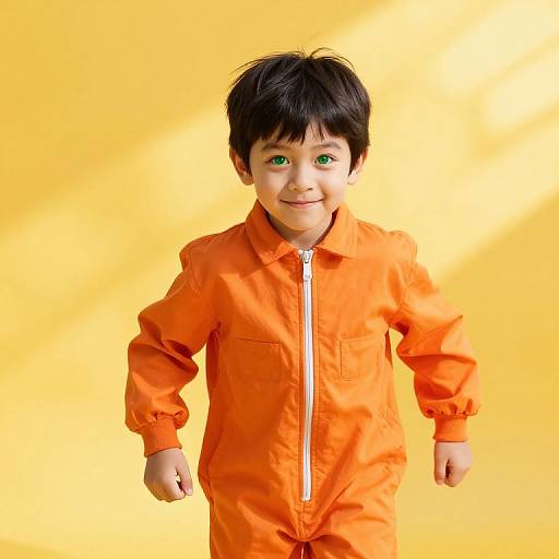 Confident Boy in Vibrant Orange Jumpsuit