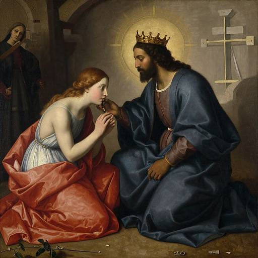 Digital painting of Jesus with a crown, kneeling, receiving a kiss from Mary Magdalene in a red dress, with a distant figure in the background