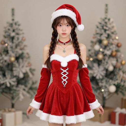 Young Woman in Santa Costume with Braided Hair