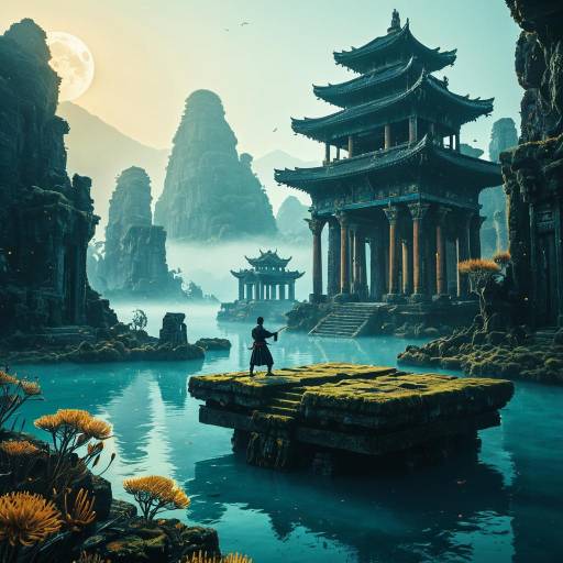 Martial Artist on Floating Ancient Temple in Surreal Archipelago