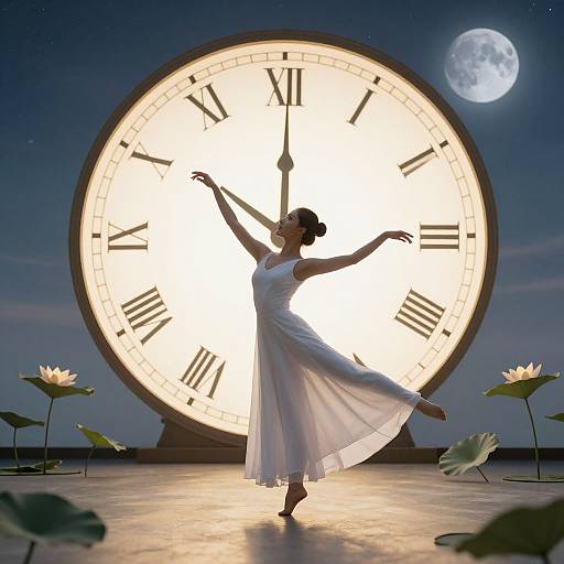 Photograph of a ballet dancer in a flowing white dress, posed gracefully in front of a large illuminated clock against a moonlit night sky with lily