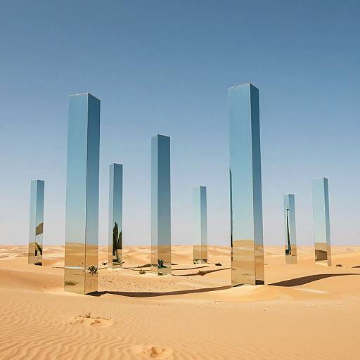 Photorealistic digital artwork of transparent glass blocks standing in an endless desert, casting reflections and shadows on golden sand under a clear blue sky.