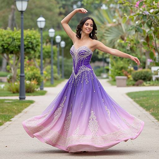 Photograph of a smiling woman with dark hair in a strapless, purple-to-pink ombre ball gown, twirling on a garden path