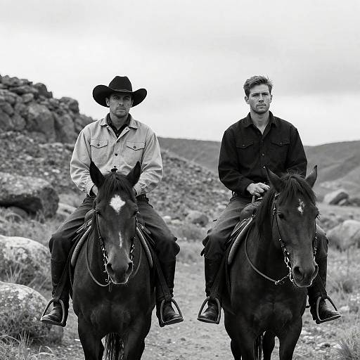 Western Duo on Horses in Rugged Landscape