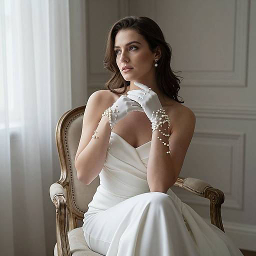 Elegant Woman in White Gown with Pearl Gloves