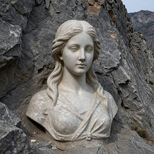 Photograph of a weathered stone bust of a serene young woman with wavy hair, set against dark, rugged rock formations.