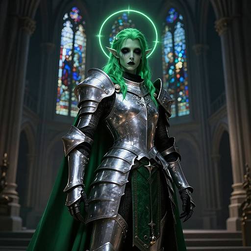 Tragic Aasimar Paladin in Gothic Cathedral