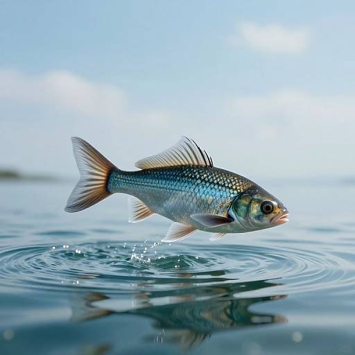 Photograph of a small, iridescent fish with blue and silver scales, jumping out of calm, reflective water with ripples. Bright blue sky