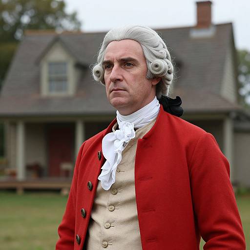 Photorealistic CGI of an 18th-century man in a red coat, white cravat, and beige waistcoat, standing in front of