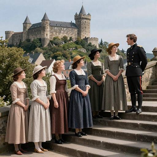 Group in 19th Century Clothing by Medieval Castle