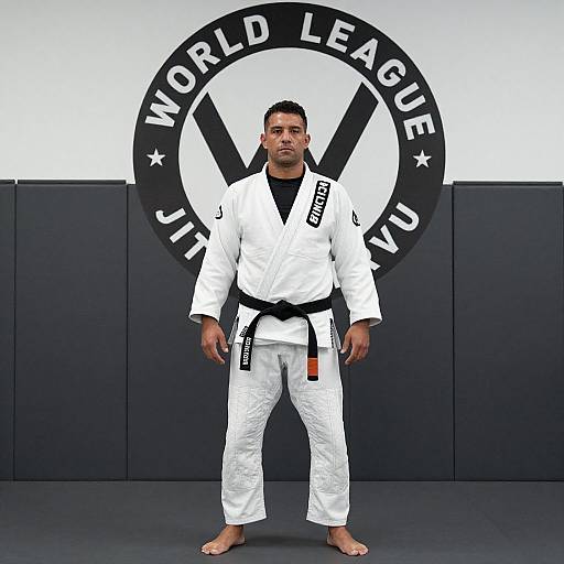 Photograph of a muscular man with short dark hair, wearing a white judo gi and black belt, standing barefoot in front of a 