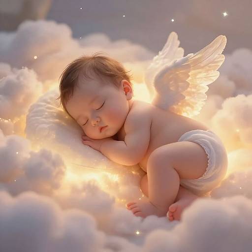 Photograph of a sleeping baby with small white angel wings, lying on fluffy clouds, bathed in warm, glowing light.