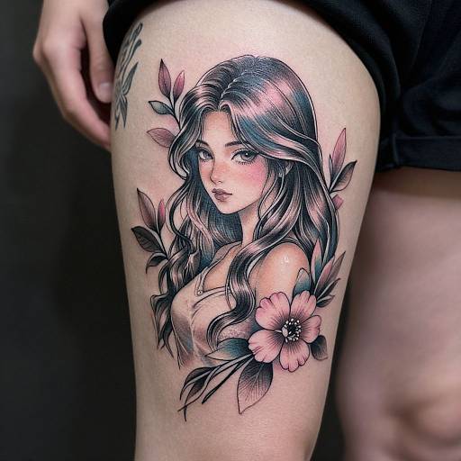 Colorful Anime Woman Thigh Tattoo