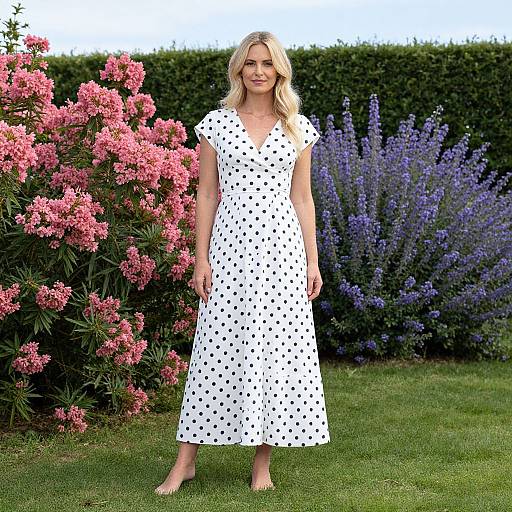 Photograph of a blonde woman in a white, black polka dot dress standing on green grass, flanked by pink and purple flowers.