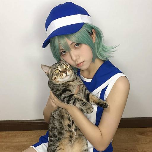 Person with Tabby Cat and Green Hair