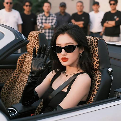 Chic Woman in Convertible with Leopard Print