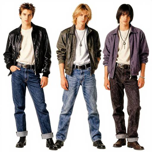 Photograph of three men in casual outfits: black leather jackets, white shirts, blue jeans, and belts, standing against a white background.