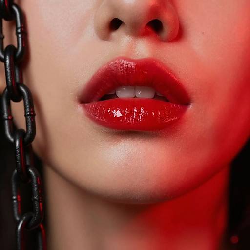Close-up photograph of a woman's lips with glossy red lipstick, partial nose, and black chain on the left, in red lighting.