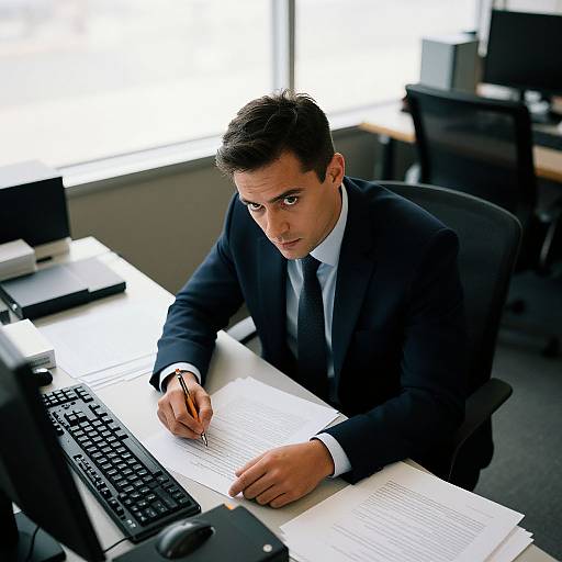 Photograph of a serious, dark-haired man in a black suit and tie, writing on papers at a desk in a brightly lit office.