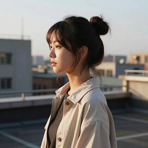 Young Woman with Loose Bun on Rooftop