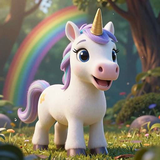 CGI image of a cute, white, plush unicorn with a purple mane and horn, smiling in a sunny forest with a vibrant rainbow in the background