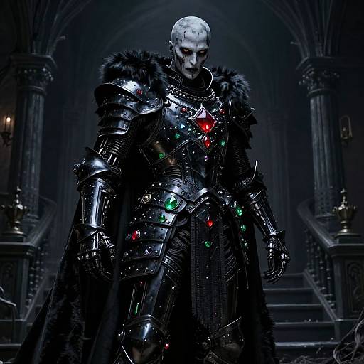 Photorealistic digital art of a helmeted, pale-skinned warrior in dark, reflective armor adorned with red and green jewels, standing in a dim