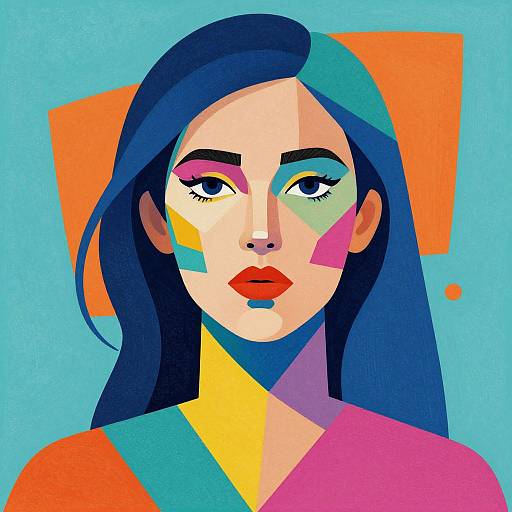 Digital pop art portrait of a woman with long blue hair, colorful face paint, red lips, and geometric background in vibrant blue and orange.