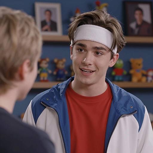 Young man talking with headband in casual outfit