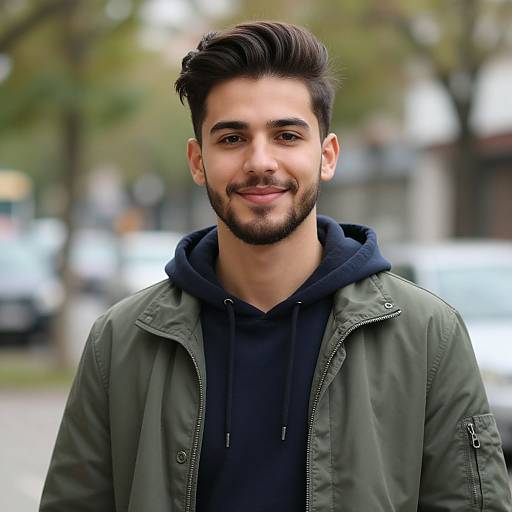 Photograph of a young, handsome man with dark brown hair and beard, wearing a green jacket over a black hoodie, smiling confidently in an urban street