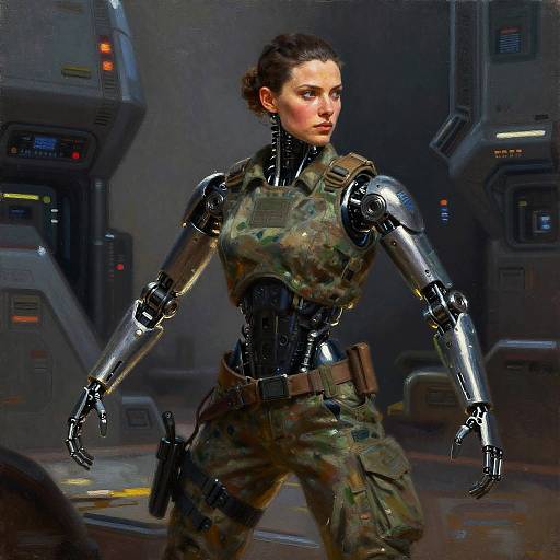 Cyborg Female Soldier in Futuristic Military Uniform