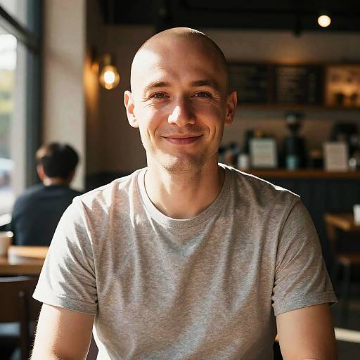 Photograph of a bald, smiling man in a gray t-shirt, seated in a sunlit, cozy café with blurred background and warm lighting.