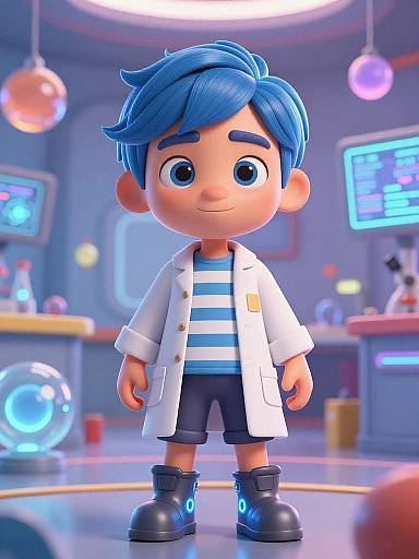 CGI cartoon of a blue-haired boy in a white lab coat, striped shirt, black shorts, and blue boots, standing in a futuristic laboratory with