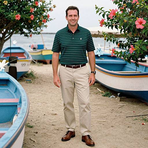 Photograph of a smiling, Caucasian man in a green striped polo, beige pants, and brown shoes, standing among colorful boats and blooming pink flowers