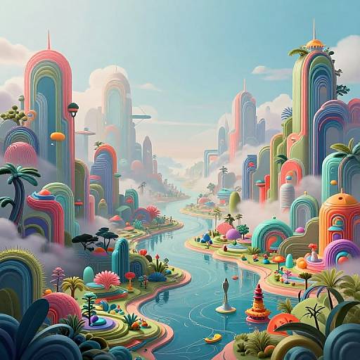 Vibrant, surreal digital artwork of a futuristic city with colorful, arch-shaped skyscrapers, winding river, lush gardens, and floating islands under
